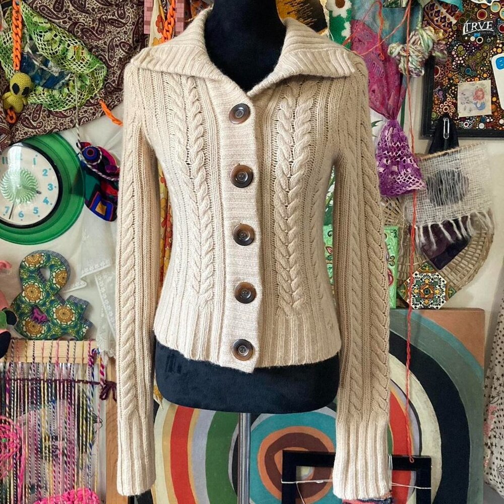 Abercrombie & Fitch Cream cable knit wool cashmere blend cardigan button sweater